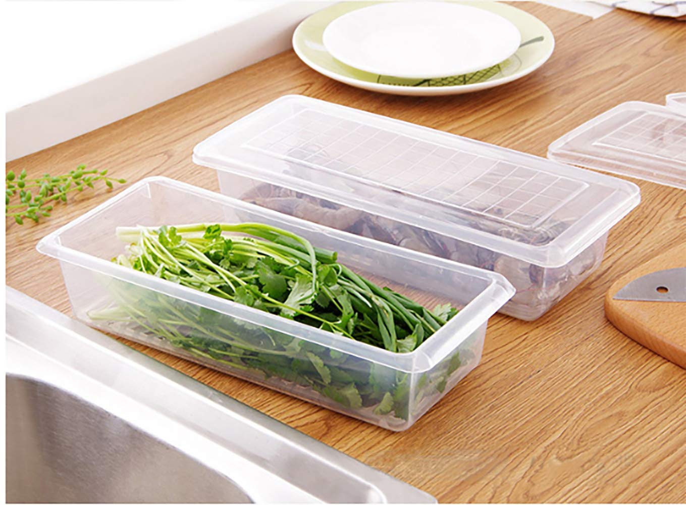 Giftock Food Storage Container with Removable Drain Plate and Lid Fridge Storage Box Stackable Plastic Freezer Storage Containers To Keep Fresh for Meat, Vegetables, Fruits etc. (1500ml, 2 Piece)