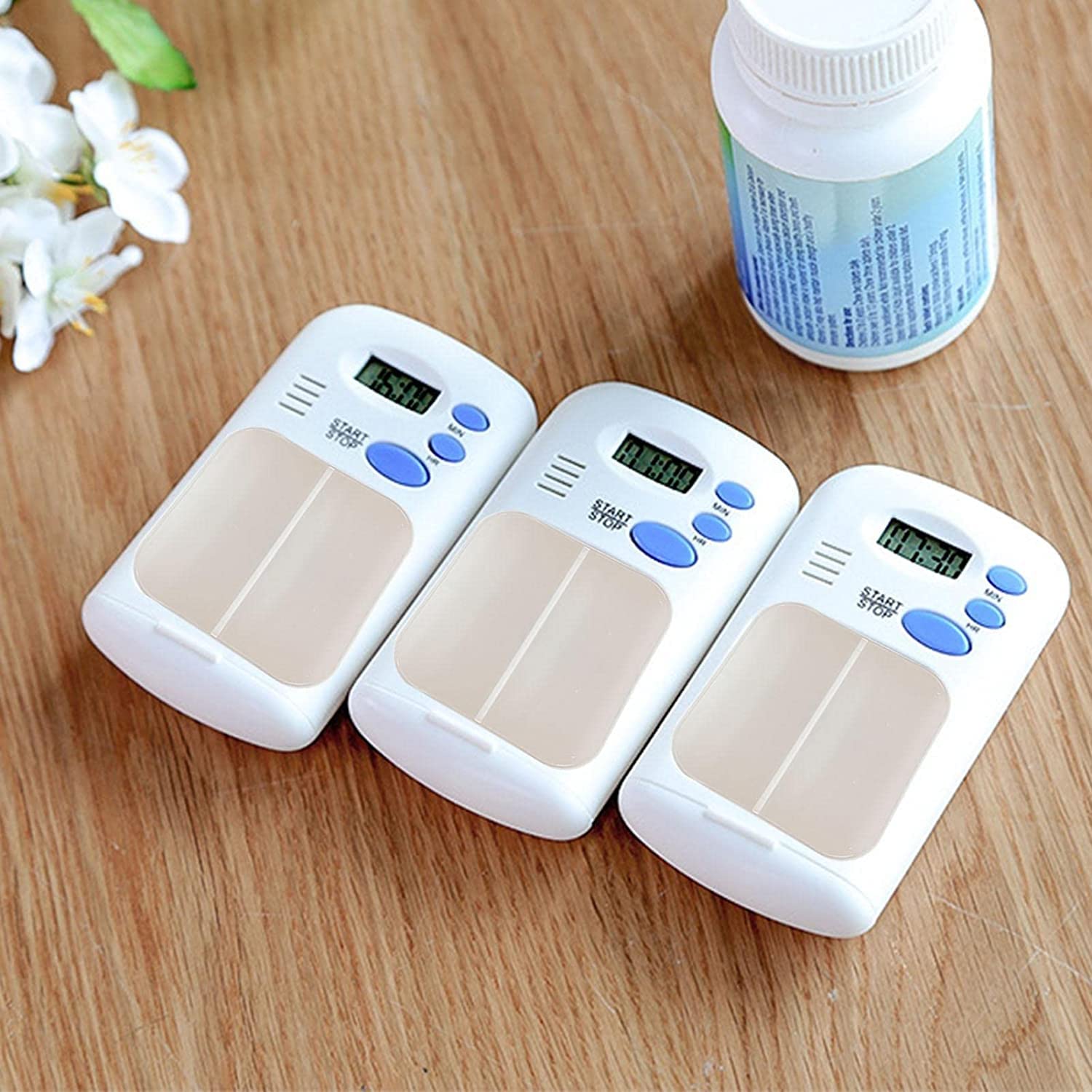 Giftock travel Pill Dispenser Case, Pill Reminder Medicine Dispenser Two Slot Pill Box with Alarm with 0.7 Inches LCD Transparent Card Buckle Holder for Elders, White color, 1Pcs