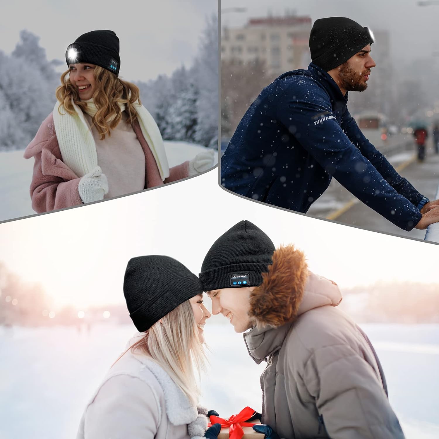 Giftock Bluetooth Beanie Hat with Light, Unisex LED Cap with Headphones Built-in Stereo Speakers & Mic, Tech Gift for Men Women Dad