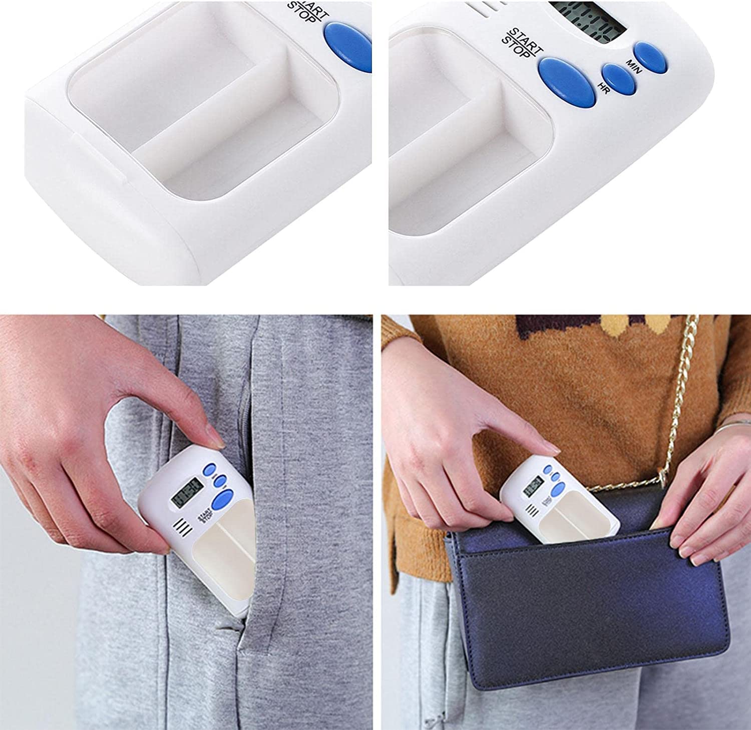 Giftock travel Pill Dispenser Case, Pill Reminder Medicine Dispenser Two Slot Pill Box with Alarm with 0.7 Inches LCD Transparent Card Buckle Holder for Elders, White color, 1Pcs