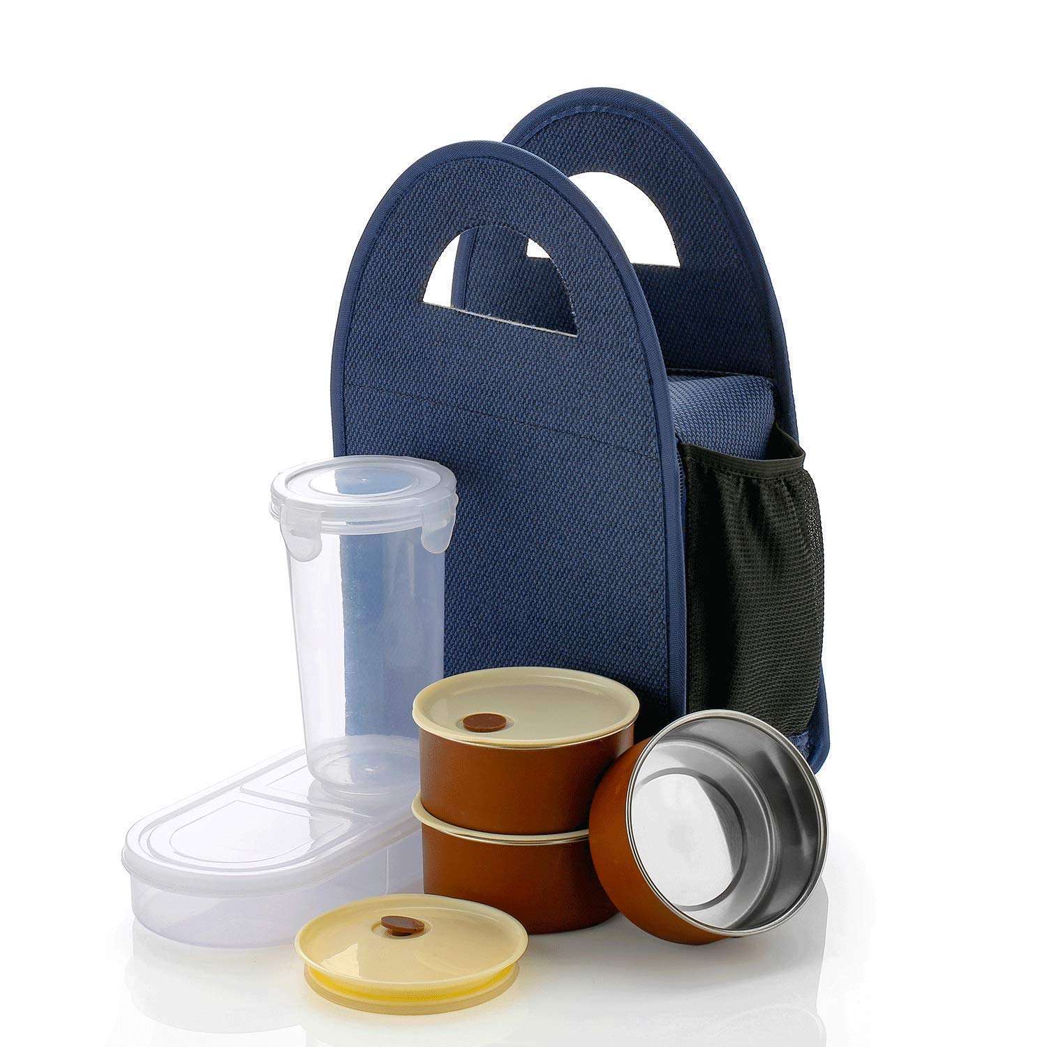 Giftock New Stainless Steel 4 Container and 1 Set with Plastic Glass Lunch Box Set with Carry Bag for Office, College and School for Men, Women Kids