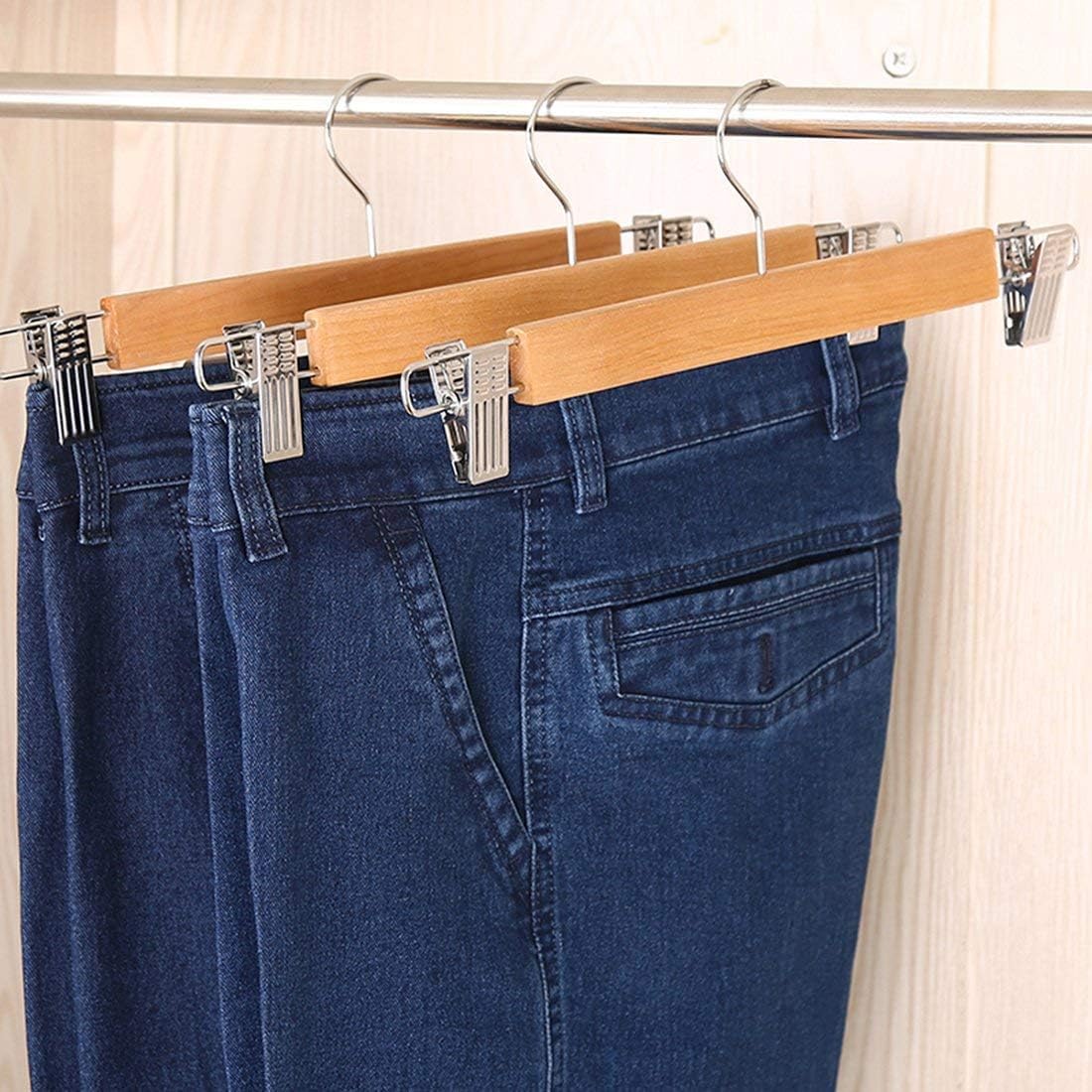 Giftock Wooden Clip Hanger Space-Saving Skirt Holders Central Heavy Closet, Pants and Shorts Hangers, Ridged Non-Slip with Pinch Clips, 360-Rotating Chrome Swivel Hook (Walnut, 1 Pc)