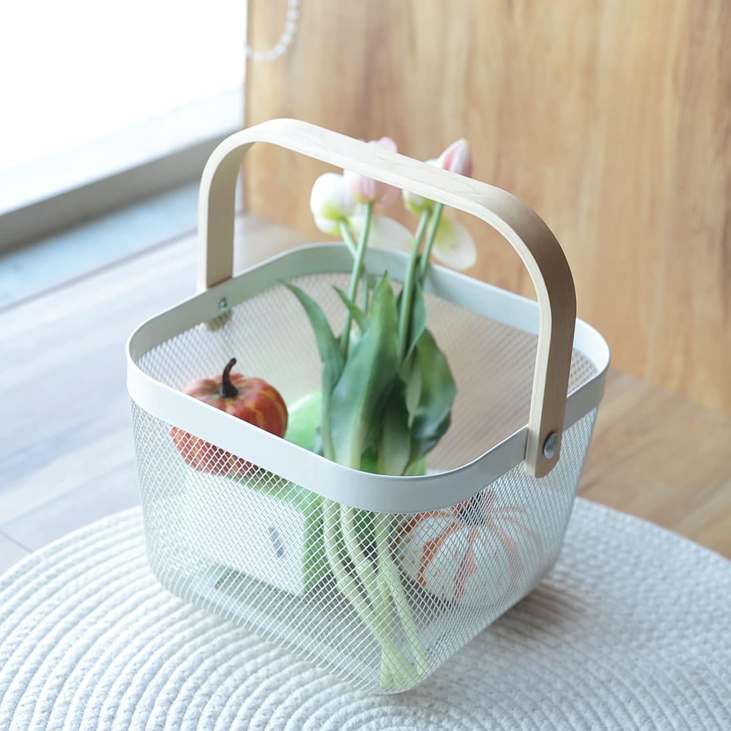 Giftock Metal Wire Basket With Handle|Storage Basket Fot Fruits, Books|Mesh Open Storage Bin|Storage Organizer