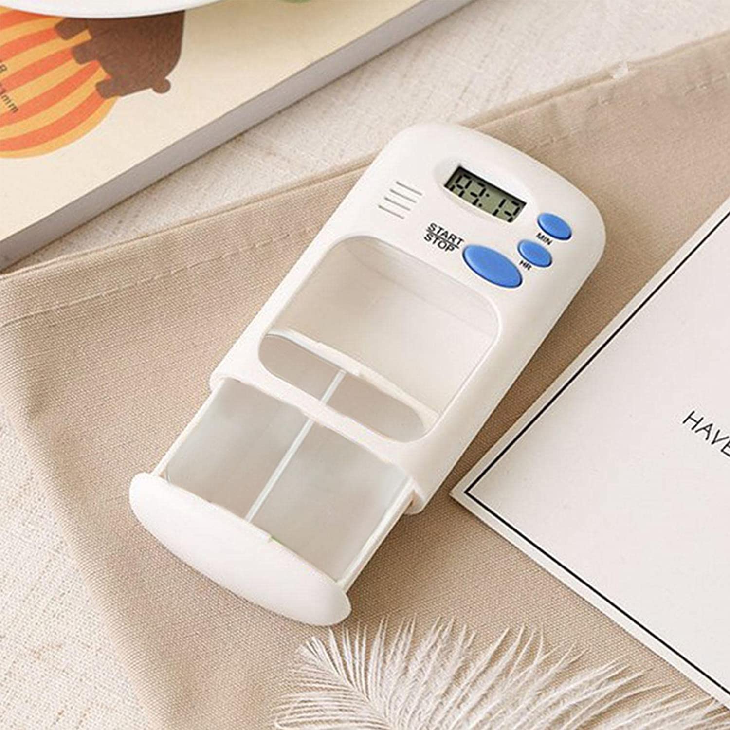 Giftock travel Pill Dispenser Case, Pill Reminder Medicine Dispenser Two Slot Pill Box with Alarm with 0.7 Inches LCD Transparent Card Buckle Holder for Elders, White color, 1Pcs