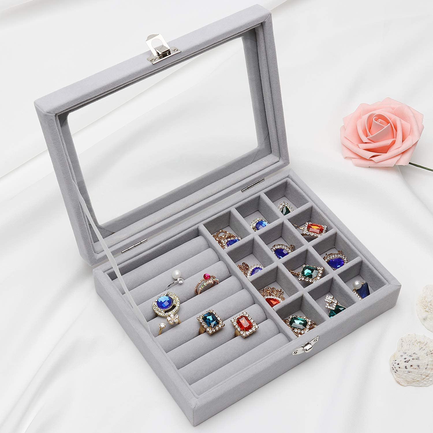 Giftock Jewellery Storage Box - Multipurpose Transparent Velvet Cufflink,Display Ring & Earring Organizer-Adjustable 12 Compartment & 8 Rows for Jewelry,Jhumkas,Stud,Travel Friendly Box for Gifts
