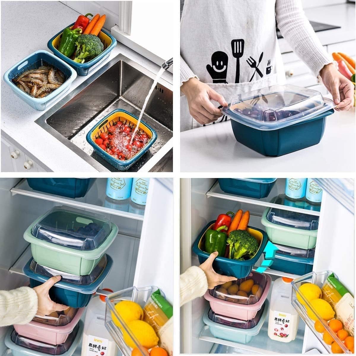 Giftock 2 in 1 Multi Function Filter Basket Bowl Set Filter Bowl Set, Double-Layer Drain Basin and Basket, Clean, Wash, Mix Fruit, Convenient for Fruit & Vegetable Washing (Pack of 2)
