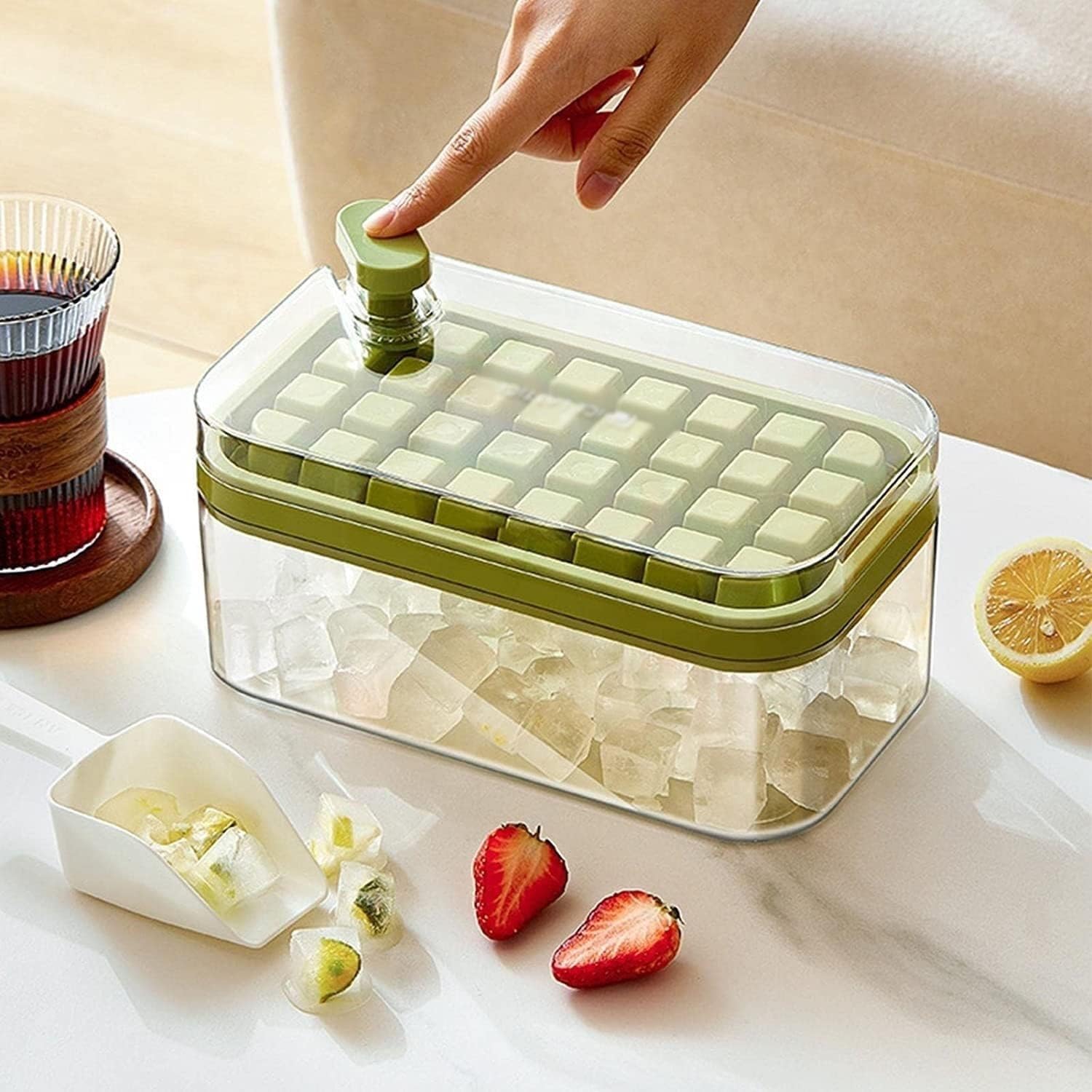 Giftock 2 Layer Ice Cube Tray with Lid & Bin, Square Ice Cubes Molds with Ice Scoop, One Tap Easy Release & Save Space, Bpa Free Ice Cube Storage Container 64 Ice Cubes