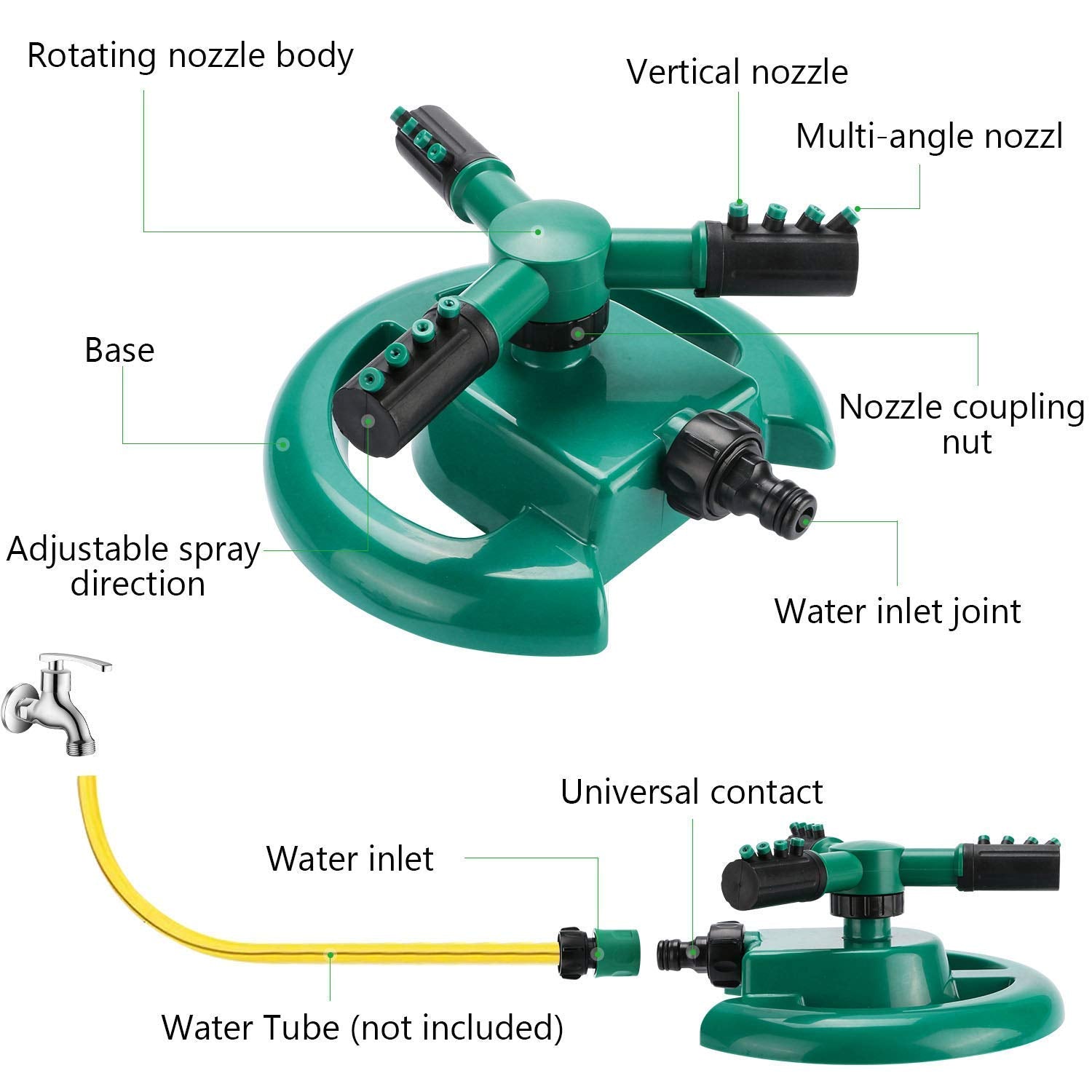Giftock 1 Pc Automatic 360 ° Rotating Adjustable Round 3 Arm Lawn Water Sprinkler for Watering Garden Plants/Pipe Hose Irrigation Yard Water Sprayer (Green)