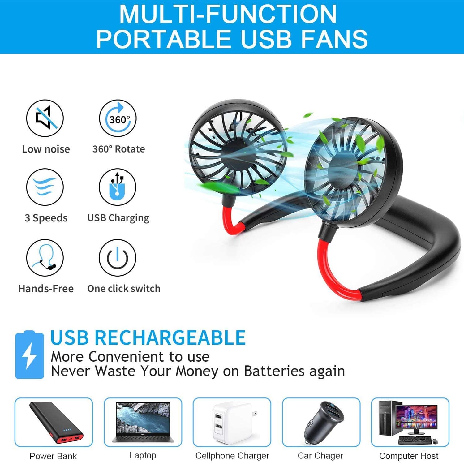 Giftock Personal Hand-Free Neck Fan- Mini Portable Usb Rechargeable Fan with 3 Speed Adjustable & 360 Rotation Perfect for Home, Sport, Camping, Beach, Travel, Office, Headphone Design (Black)