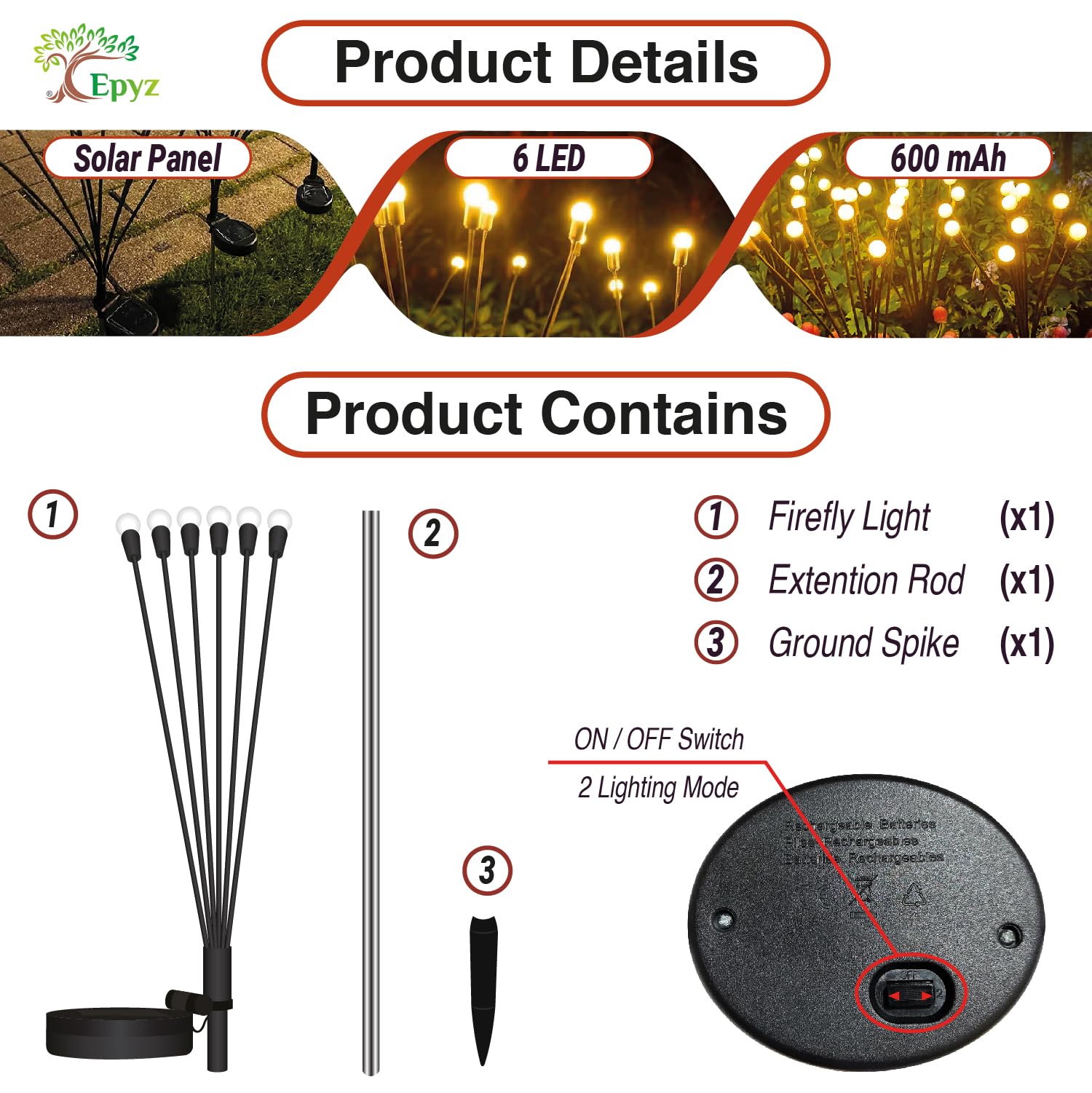 Giftock Solar Garden Lights Outdoor Solar Firefly Lights Waterproof Solar Garden Decorative Lights 2 Lighting Mode [ 6 LED, Warm Yellow ]