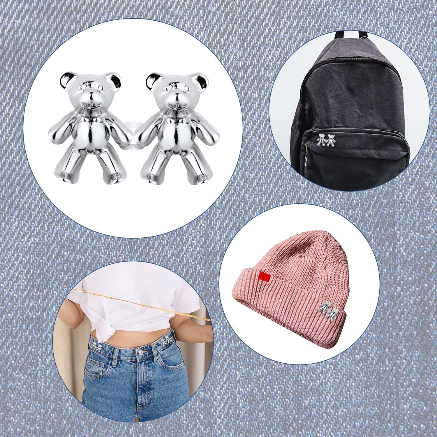 Giftock Adjustable Cute Bear Button Pins Buckle for Loose Jeans, Metal Pins Pearl Detachable Instant Button Pins, Set for Pants, Jeans, Skirts, Sleeves Tightener for Skirt Pants (Pack of 1, Silver)
