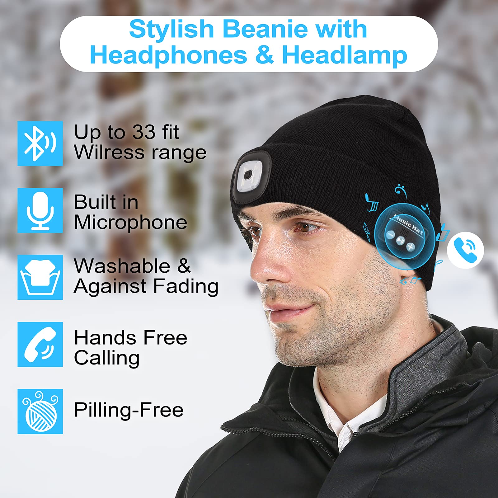 Giftock Bluetooth Beanie Hat with Light, Unisex LED Cap with Headphones Built-in Stereo Speakers & Mic, Tech Gift for Men Women Dad