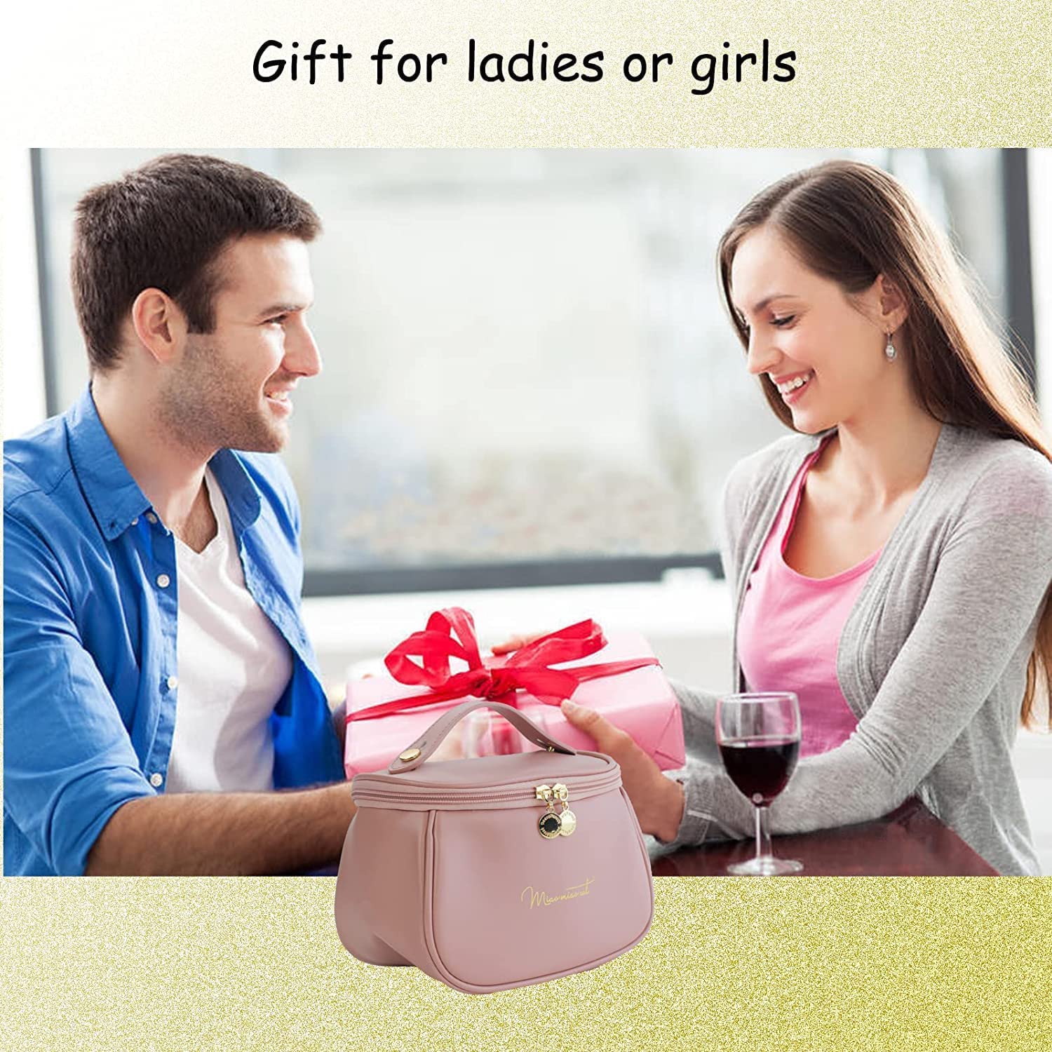 Giftock Makeup Bag, Portable Cosmetic Bag, Large Capacity Travel Makeup Organizer, Leather Cosmetic Brush Case for Women Toiletry Bag for Girls with Handle and Divider (Light Pink)