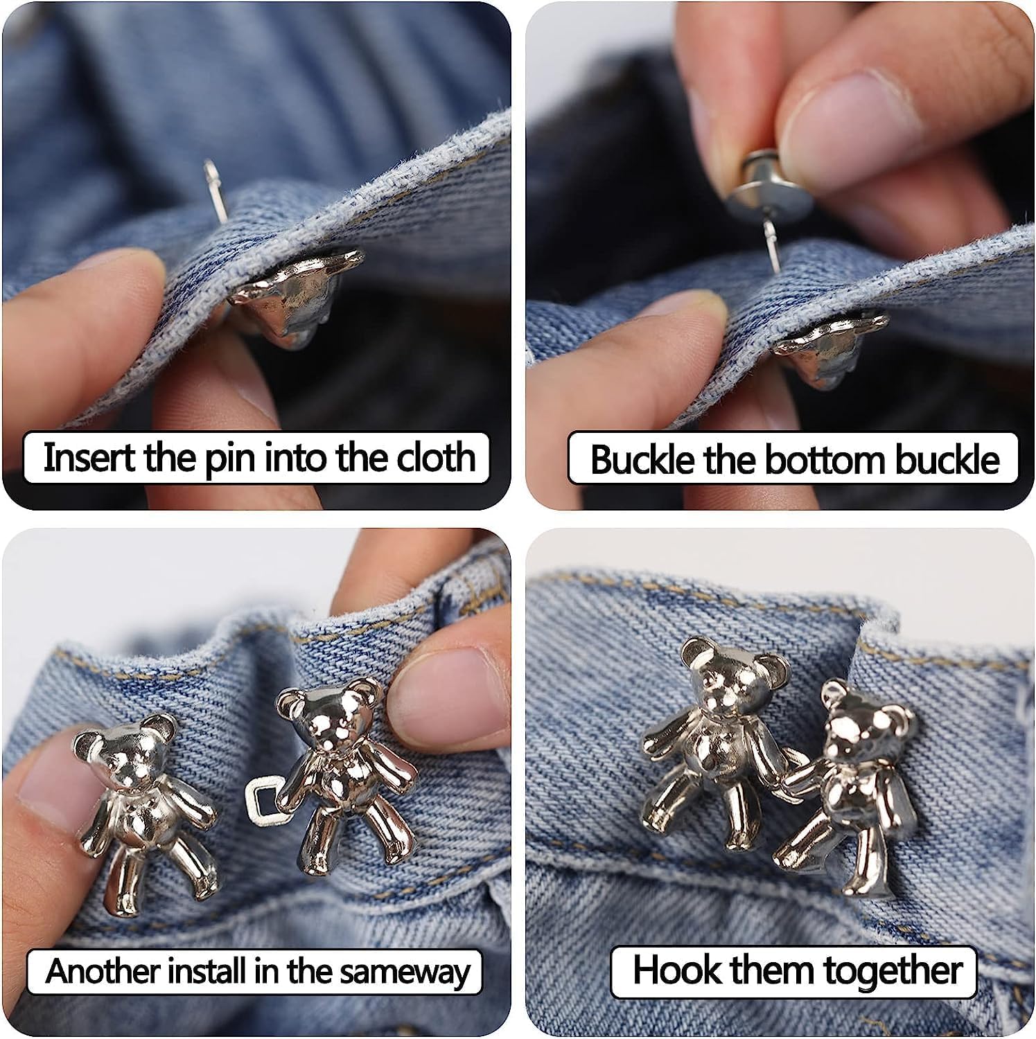 Giftock Adjustable Cute Bear Button Pins Buckle for Loose Jeans, Metal Pins Pearl Detachable Instant Button Pins, Set for Pants, Jeans, Skirts, Sleeves Tightener for Skirt Pants (Pack of 1, Silver)