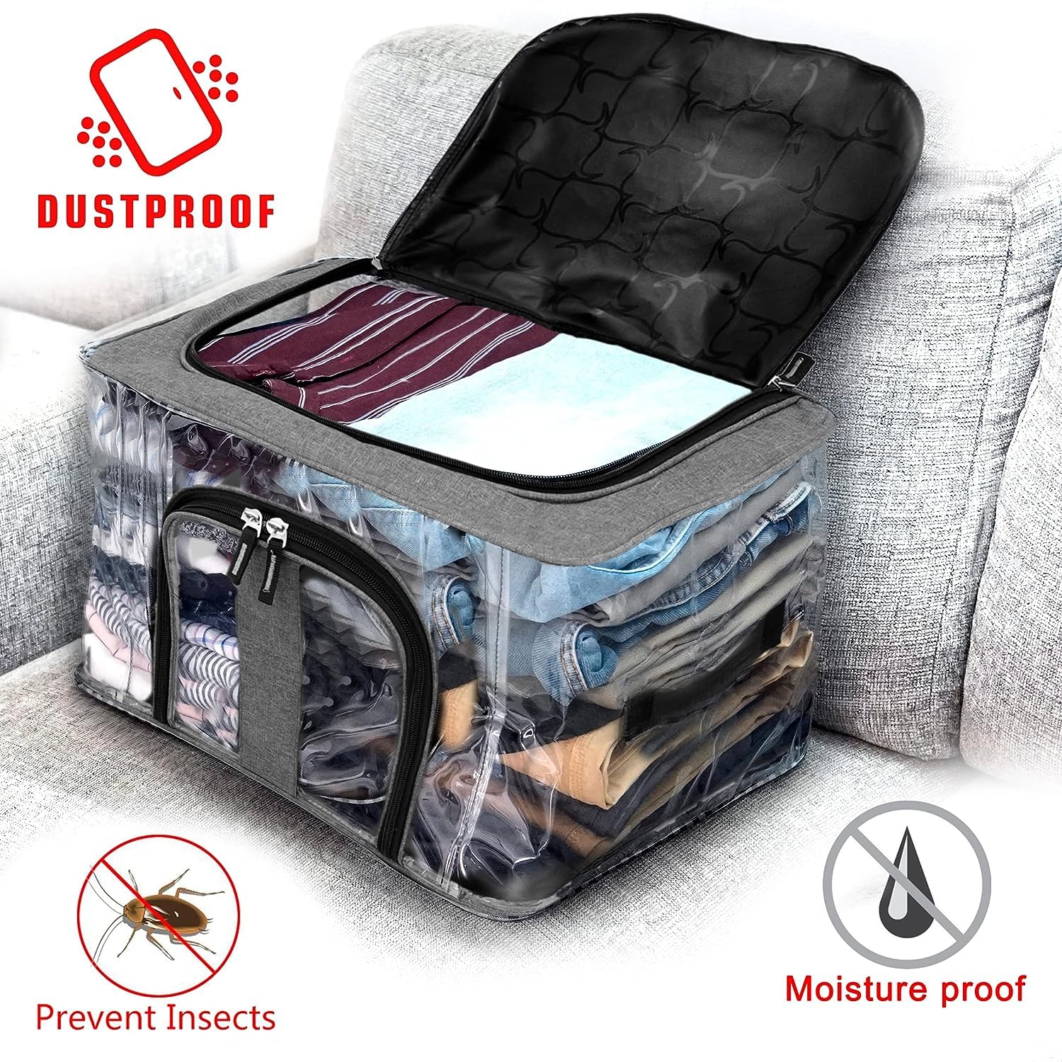 Giftock Nylon 33 L PVC Transparent Moisture Proof Storage box for Clothes Under-Bed Closet Wardrobe Organizer Bag for Clothes with Carry Handle (44 x 31 x 24 cm, Grey) (pack of 1)