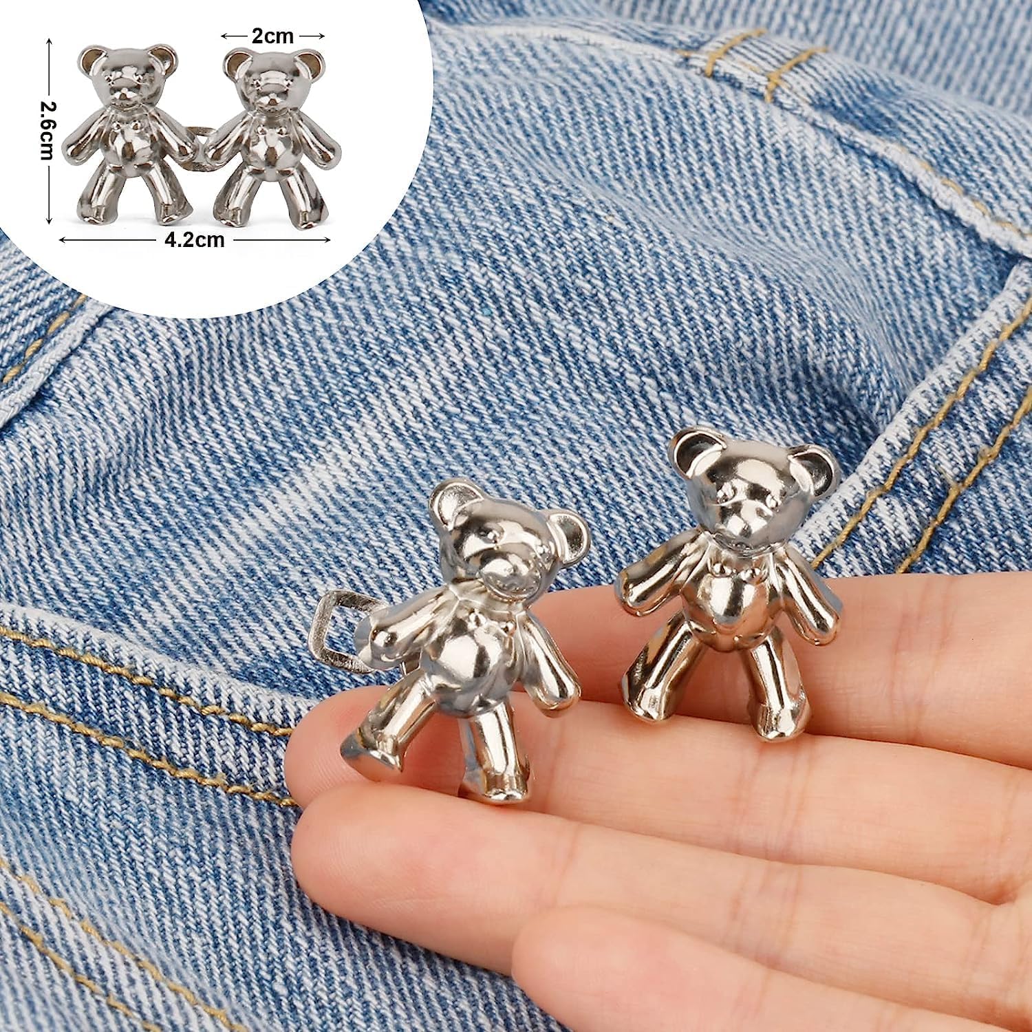 Giftock Adjustable Cute Bear Button Pins Buckle for Loose Jeans, Metal Pins Pearl Detachable Instant Button Pins, Set for Pants, Jeans, Skirts, Sleeves Tightener for Skirt Pants (Pack of 1, Silver)