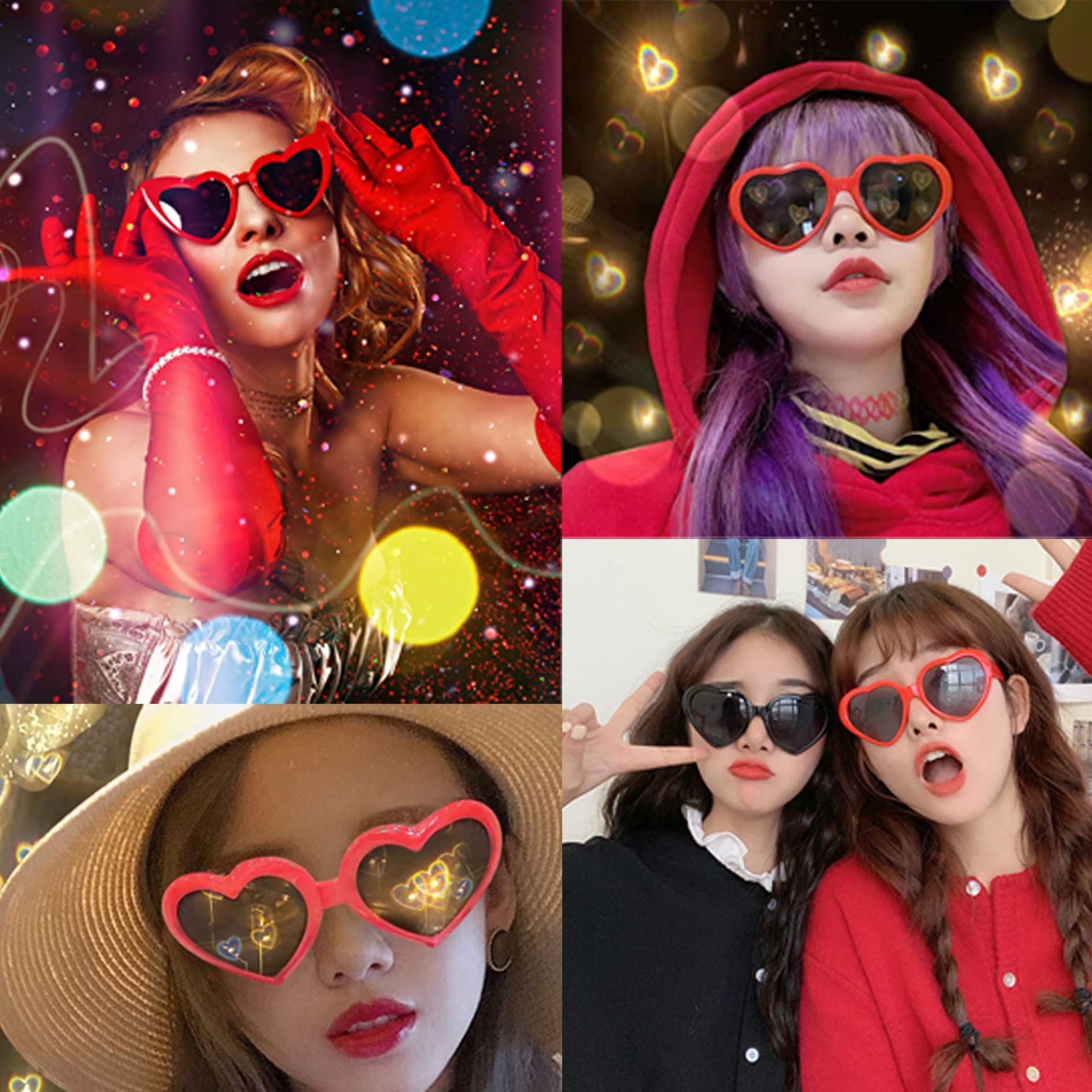 Giftock Heart Shaped Sunglasses, EDM Festival Light Changing Eyewear Heart Effect Diffraction Glasses for Women Men