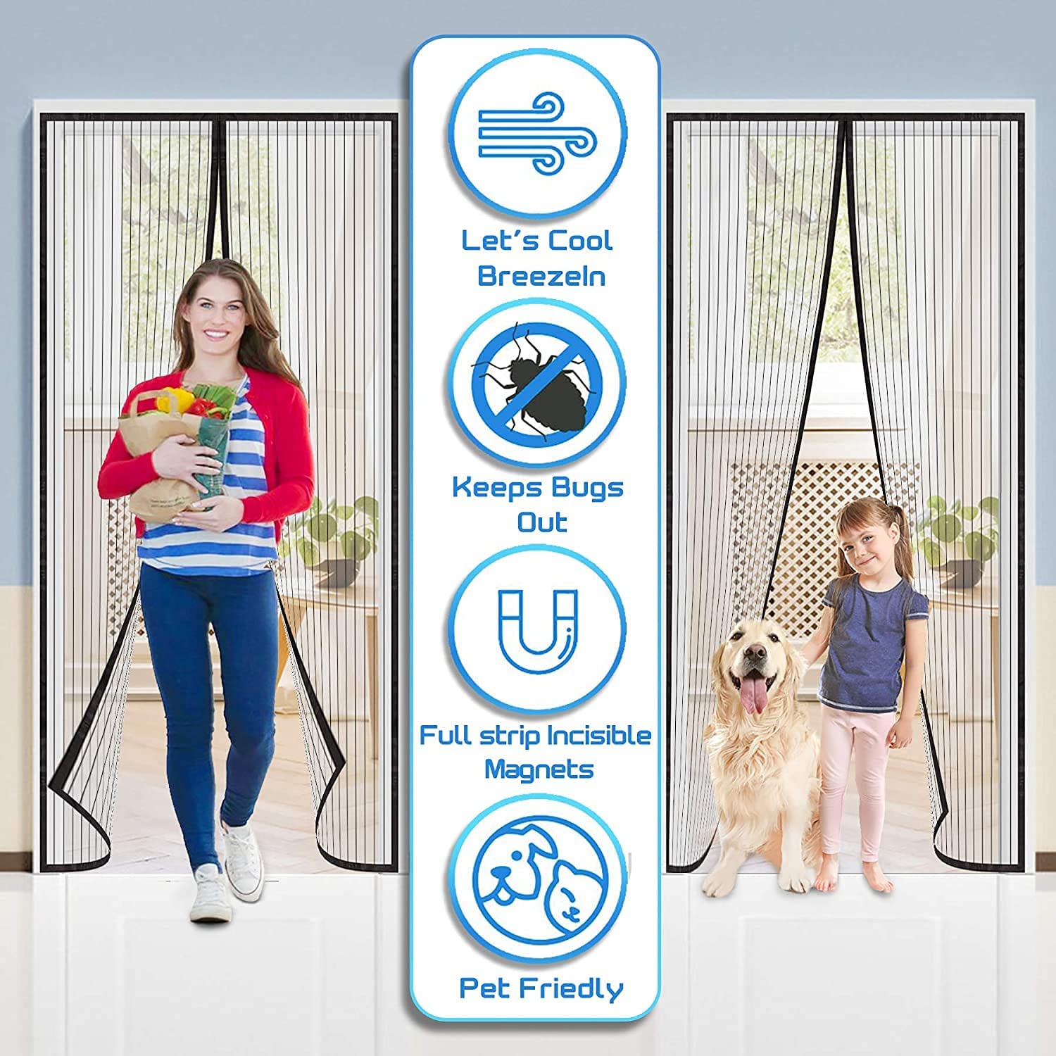 Giftock Magic Mesh Magnetic Mosquito Screen Door Net Curtain with Magnets Reinforced Polyester Mesh Curtain Back Door Mesh with Full Frame Hook & Loop (210 CM X100 CM)