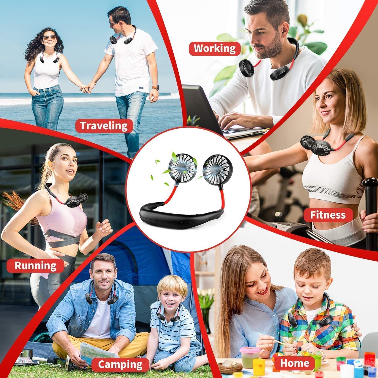 Giftock Personal Hand-Free Neck Fan- Mini Portable Usb Rechargeable Fan with 3 Speed Adjustable & 360 Rotation Perfect for Home, Sport, Camping, Beach, Travel, Office, Headphone Design (Black)