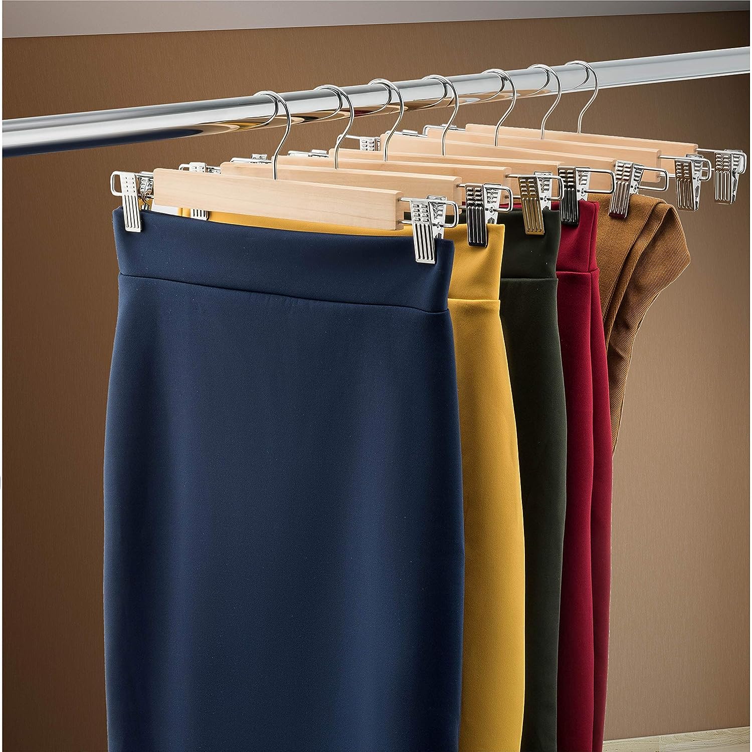 Giftock Wooden Clip Hanger Space-Saving Skirt Holders Central Heavy Closet, Pants and Shorts Hangers, Ridged Non-Slip with Pinch Clips, 360-Rotating Chrome Swivel Hook (Walnut, 1 Pc)