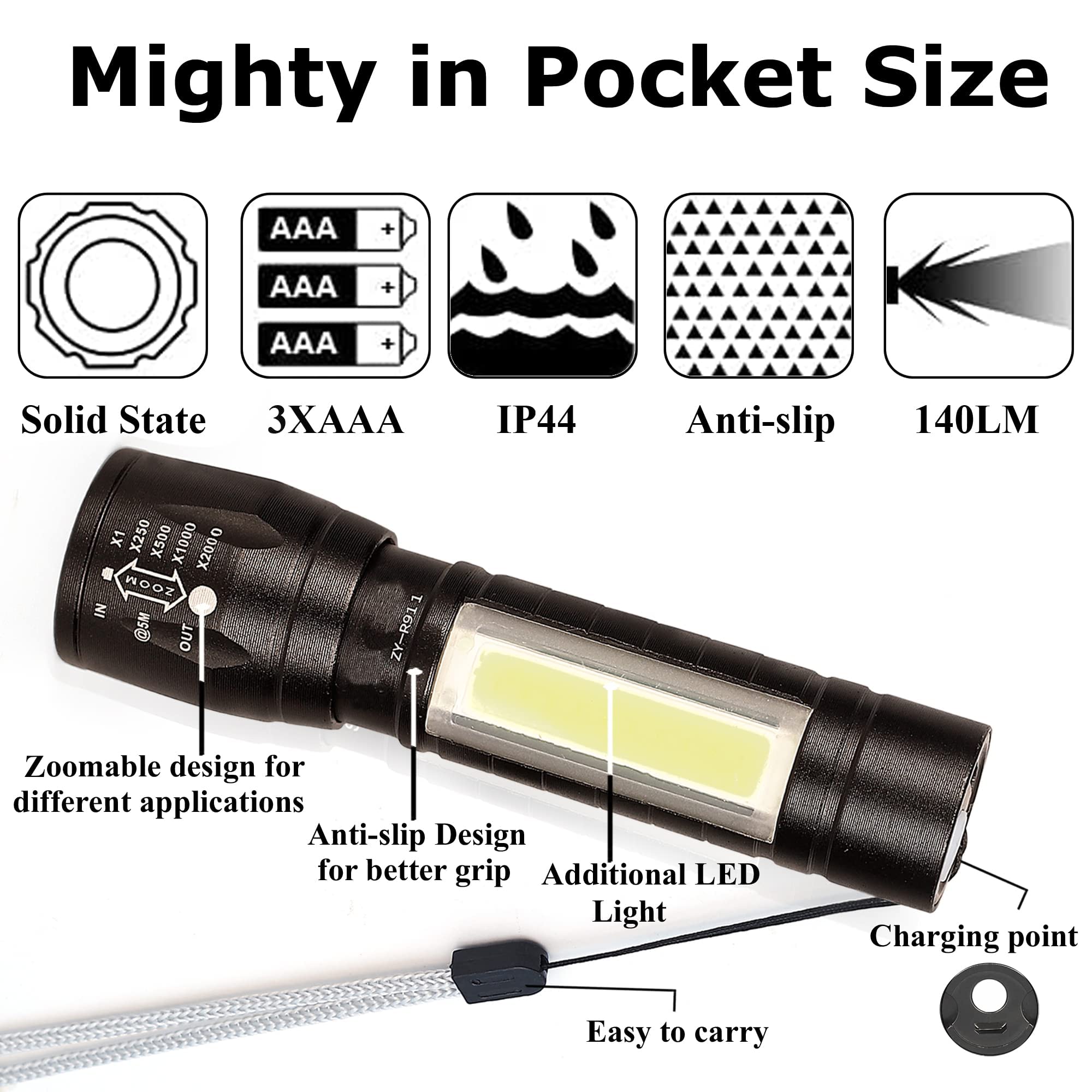 Giftock High Quality LED Flashlight With COB Light Mini Waterproof Portable LED XPE COB Flashlight USB Rechargeable 3 Modes Pen Clip Light Flashlight With Hanging Rope Small Size Black Colored