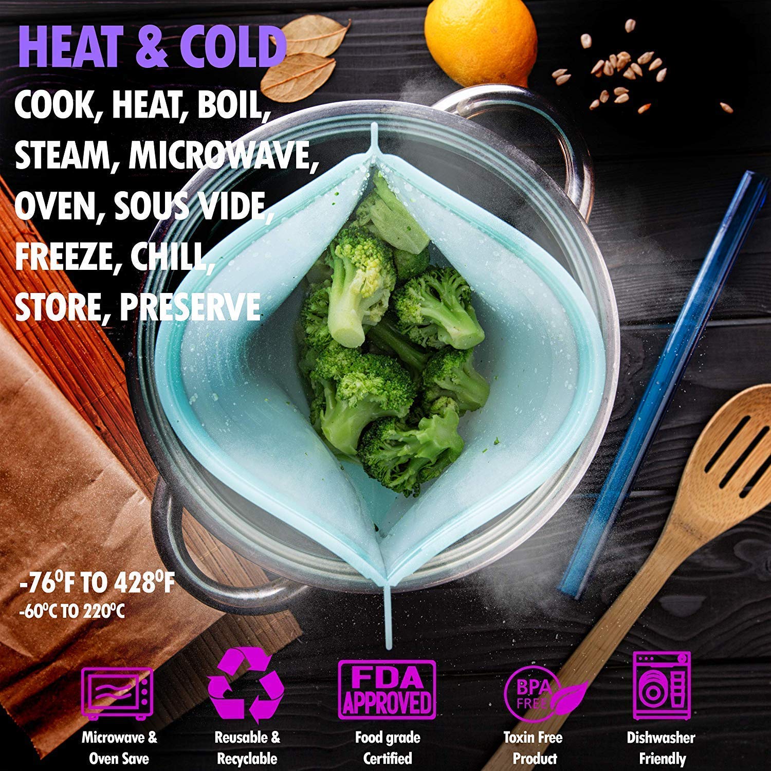 Giftock  Silicone Food Bag Reusable Seal Storage Container Silicone Food Preservation Bag Freezer Leak-Proof Cooking Ziplock Bags Blue 1000 ml (1 liter, 3 piece)