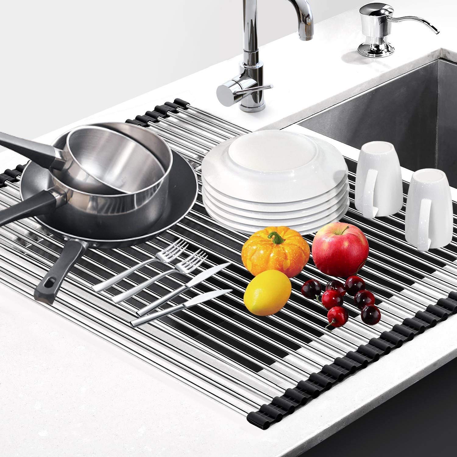 Giftock  Multipurpose Roll-up Dish Drying Rack Over The Sink Mat, Stainless Steel Adjustable Folding Rolling Dish Drainer Organizer Rack for Kitchen, Black - Big Size (46.5 x 46 cm)