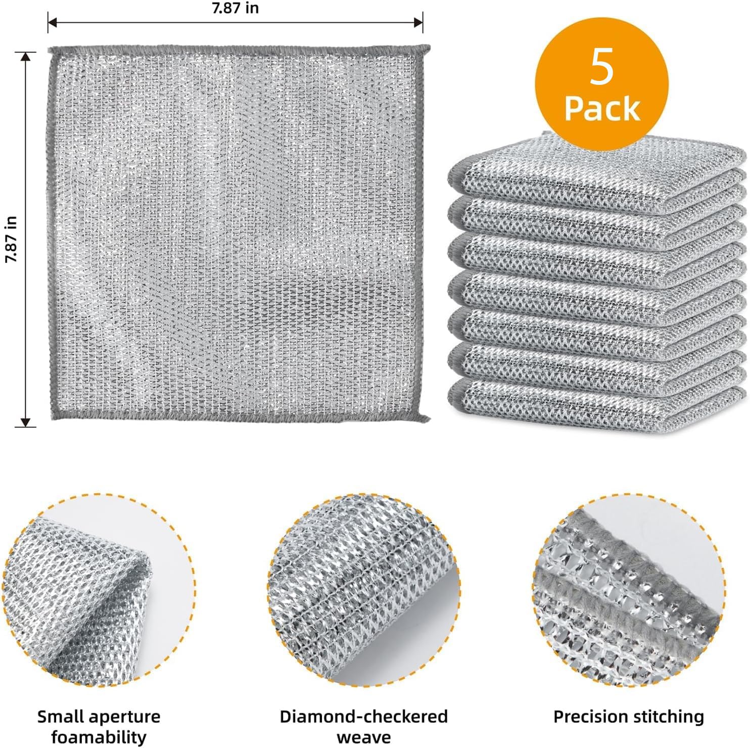 Giftock 5 Pack Non Scratch Dish Wash Cloth & 2 Gaps Cleaning Brush, Multipurpose Wire Dishwashing Rags for Wet and Dry, Easy Rinsing, Reusable, Mesh Wire Cloth for Kitchen, Sinks, Pots, Pans
