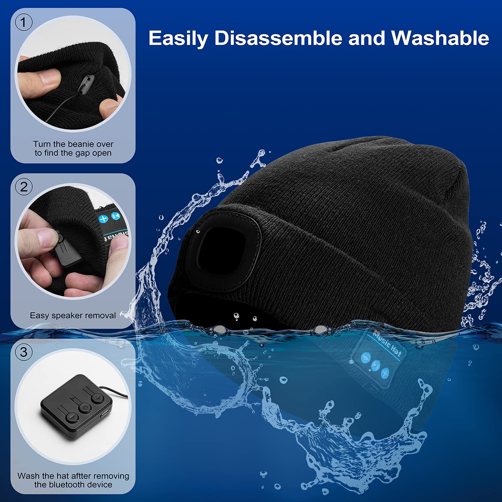 Giftock Bluetooth Beanie Hat with Light, Unisex LED Cap with Headphones Built-in Stereo Speakers & Mic, Tech Gift for Men Women Dad