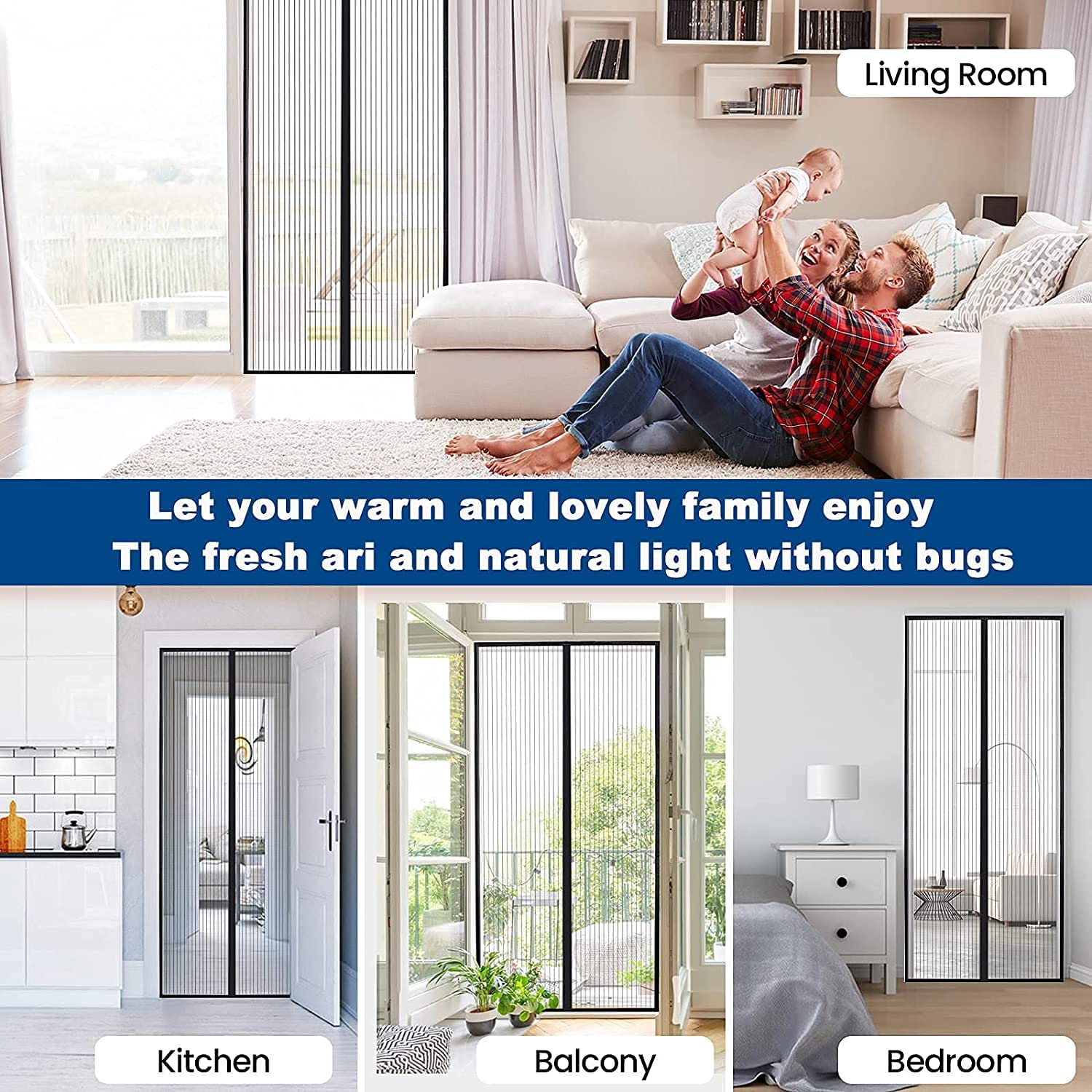 Giftock Magic Mesh Magnetic Mosquito Screen Door Net Curtain with Magnets Reinforced Polyester Mesh Curtain Back Door Mesh with Full Frame Hook & Loop (210 CM X100 CM)