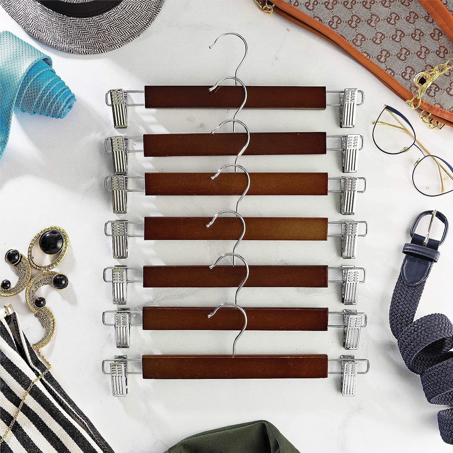 Giftock Wooden Clip Hanger Space-Saving Skirt Holders Central Heavy Closet, Pants and Shorts Hangers, Ridged Non-Slip with Pinch Clips, 360-Rotating Chrome Swivel Hook (Walnut, 1 Pc)