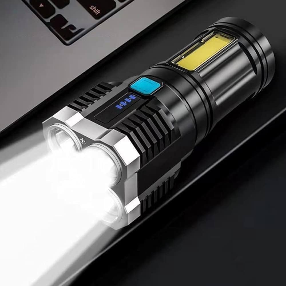 4-core Super Bright Flashlight LED Torch Strong Light USB Rechargeable Outdoor Multi-Function Lamp Tactical Camping Searchlight COB Light
