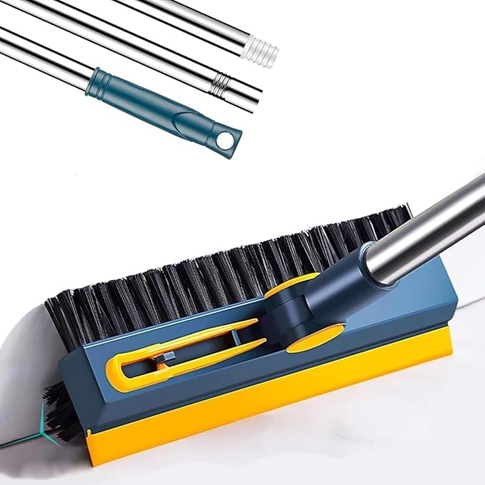3 in 1 V-Shaped Corner Floor Cleaning Bathroom Brush with Wiper and Tweezers,180° Rotatable Long Handle Floor Cleaner Bristles for Tile Bathroom Scrubber (3 in 1 Blue Brush)