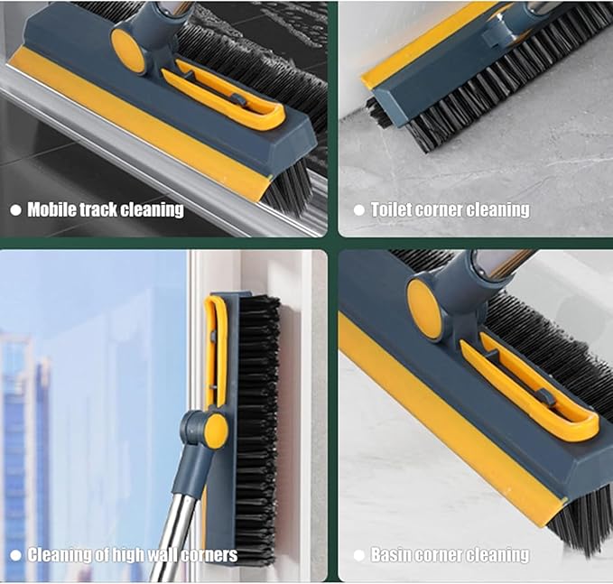 3 in 1 V-Shaped Corner Floor Cleaning Bathroom Brush with Wiper and Tweezers,180° Rotatable Long Handle Floor Cleaner Bristles for Tile Bathroom Scrubber (3 in 1 Blue Brush)