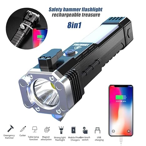 3W Torch Light Rechargeable Torch Flashlight,Long Distance Beam Range Car Rescue Torch with Hammer Window Glass and Seat Belt Cutter Built Portable Rechargeable (1 in 1)