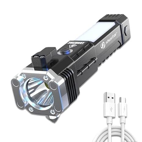 3W Torch Light Rechargeable Torch Flashlight,Long Distance Beam Range Car Rescue Torch with Hammer Window Glass and Seat Belt Cutter Built Portable Rechargeable (1 in 1)