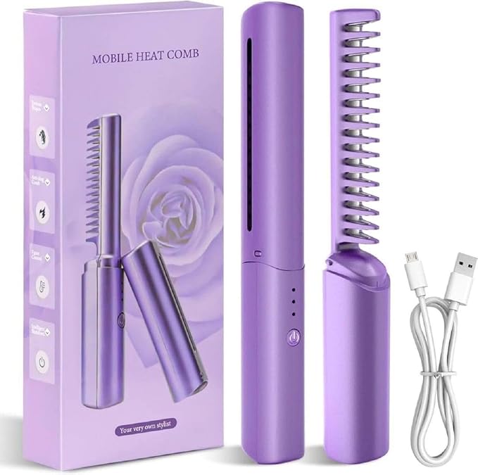 Wireless Hair Styling Comb Magic Versatile Electric Mini Straightener For Curling, Pink