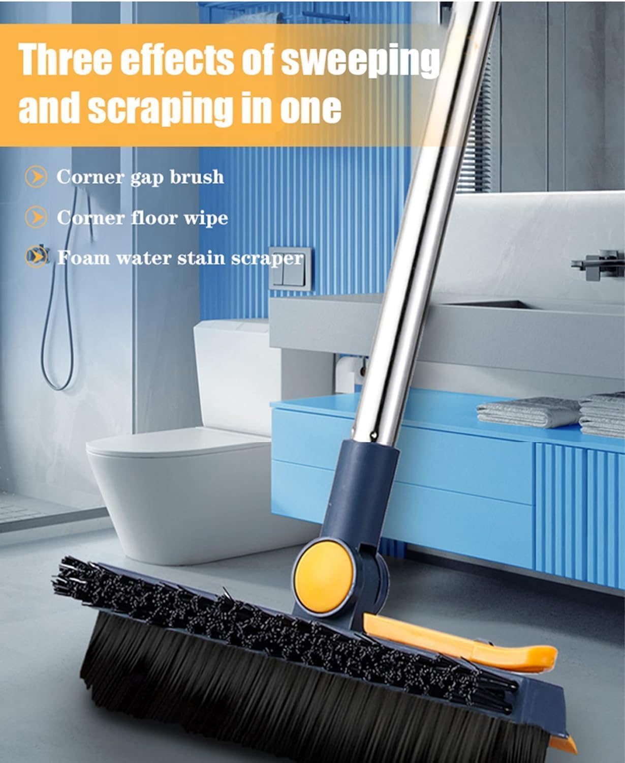 3 in 1 V-Shaped Corner Floor Cleaning Bathroom Brush with Wiper and Tweezers,180° Rotatable Long Handle Floor Cleaner Bristles for Tile Bathroom Scrubber (3 in 1 Blue Brush)