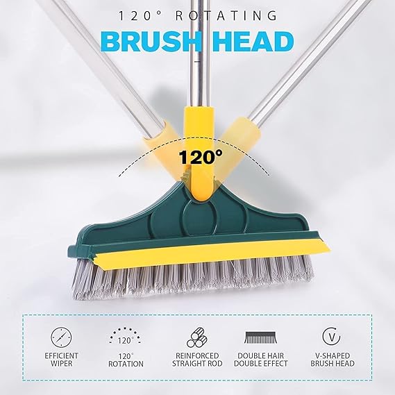 2 in 1 Bathroom Cleaning Brush Wiper - Tiles and Floor Scrub Brush with Long Handle, 120° Rotate for Home Kitchen Cleaning - Pack of 1, Multicolour, Plastic