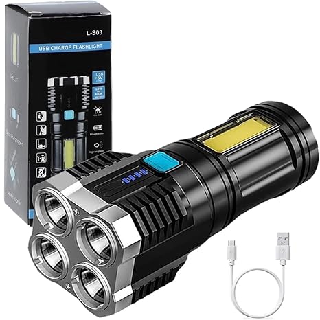 4-core Super Bright Flashlight LED Torch Strong Light USB Rechargeable Outdoor Multi-Function Lamp Tactical Camping Searchlight COB Light