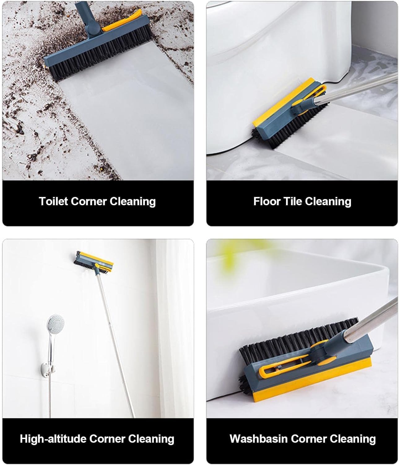 3 in 1 V-Shaped Corner Floor Cleaning Bathroom Brush with Wiper and Tweezers,180° Rotatable Long Handle Floor Cleaner Bristles for Tile Bathroom Scrubber (3 in 1 Blue Brush)