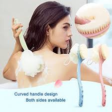 2 IN 1 Bath Body Brush with Soft Loofah and Bristles,Back Scrubber with Curved Long Handled Shower Brush for Wet or Dry, Women & Men (Multi Colour)