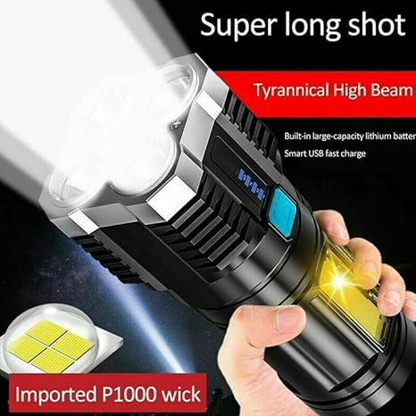 4-core Super Bright Flashlight LED Torch Strong Light USB Rechargeable Outdoor Multi-Function Lamp Tactical Camping Searchlight COB Light