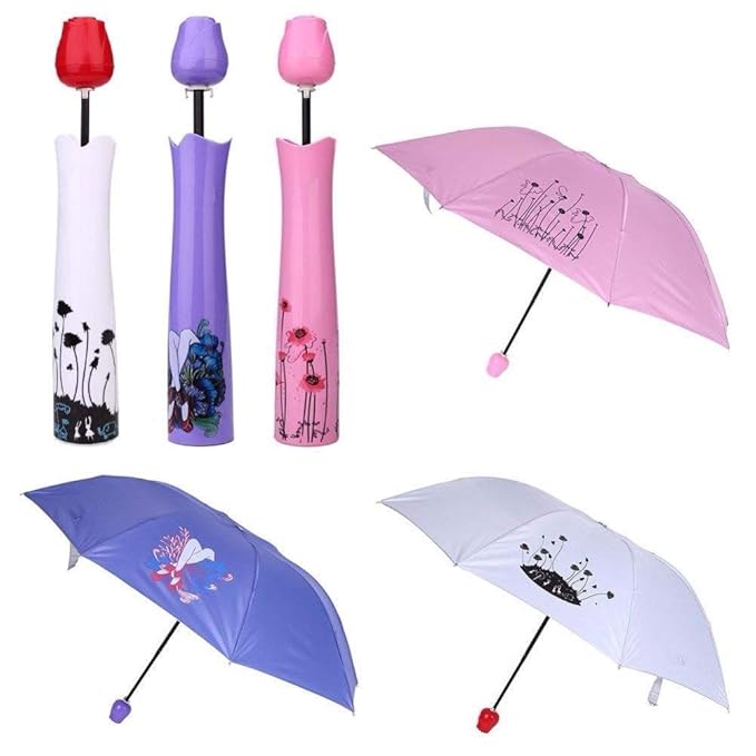 Rose umbrella Lightweight Waterproof UV Protection Mini Folding Creative Rose Flower Case Canvas Plastic Umbrella with Waterproof and Compact Bottle for Monsoon and Summer (Multi color)